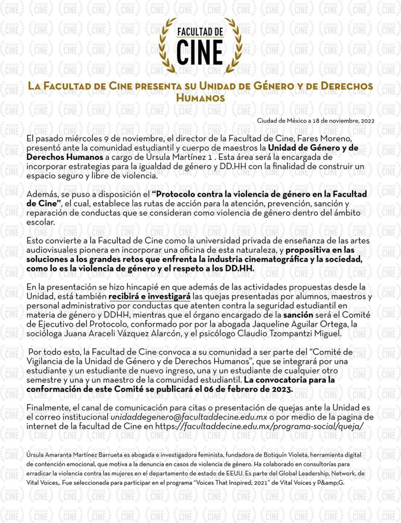 Comunicado sobre la Igualdad de Género